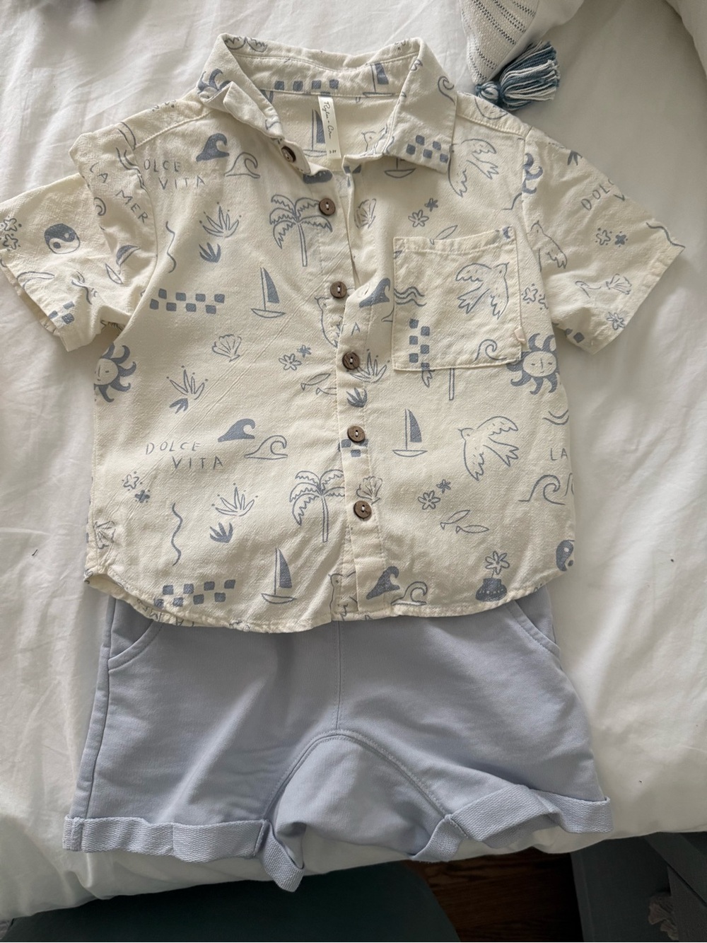 Cream Short Sleeve Button-Up Shirt with Light Blue Nautical Prints